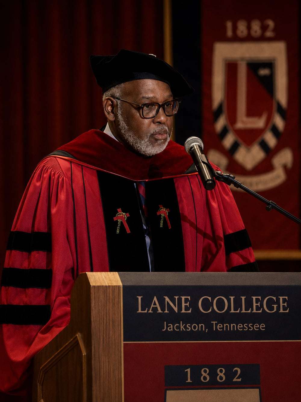 Dr. Donald W. Comer addressing the Lane College community from the podium in academic regalia.