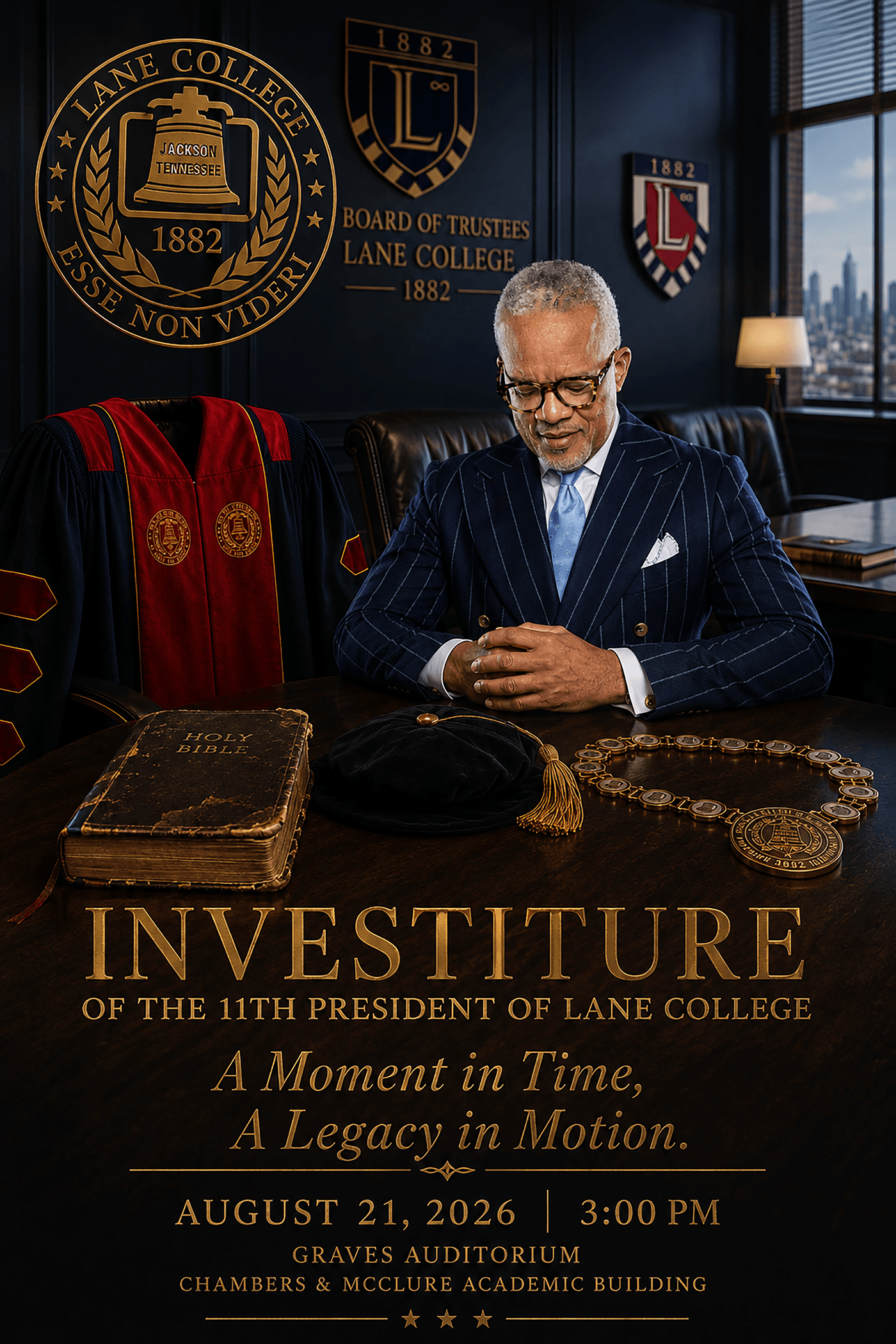 Presidential Investiture flyer — the formal installation of Dr. Donald W. Comer, Friday, August 21, 2026, 3:00 PM, Graves Auditorium, Chambers & McClure Academic Building.