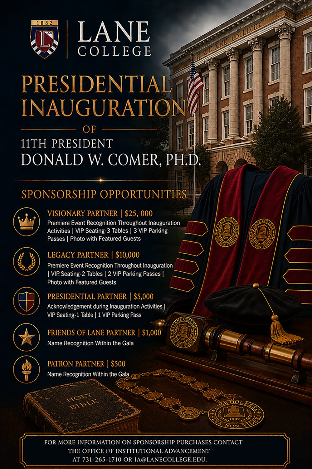 Presidential Inauguration sponsorship opportunities — Visionary Partner $25,000; Legacy Partner $10,000; Presidential Partner $5,000; Friends of Lane Partner $1,000; Patron Partner $500. Contact the Office of Institutional Advancement at (731) 265-1710 or ia@lanecollege.edu.