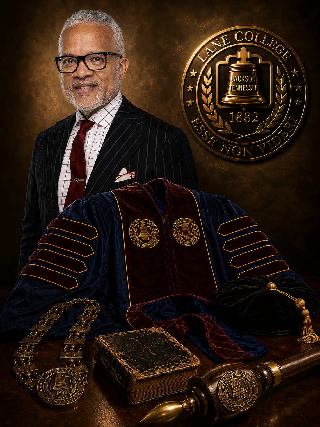 Donald W. Comer, Ph.D., 11th President of Lane College, with the Lane College seal, presidential regalia, chain of office, Bible, and ceremonial mace.